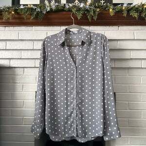 Express The Portofino Shirt Slim Fit Grey and White Polka Dot Blouse